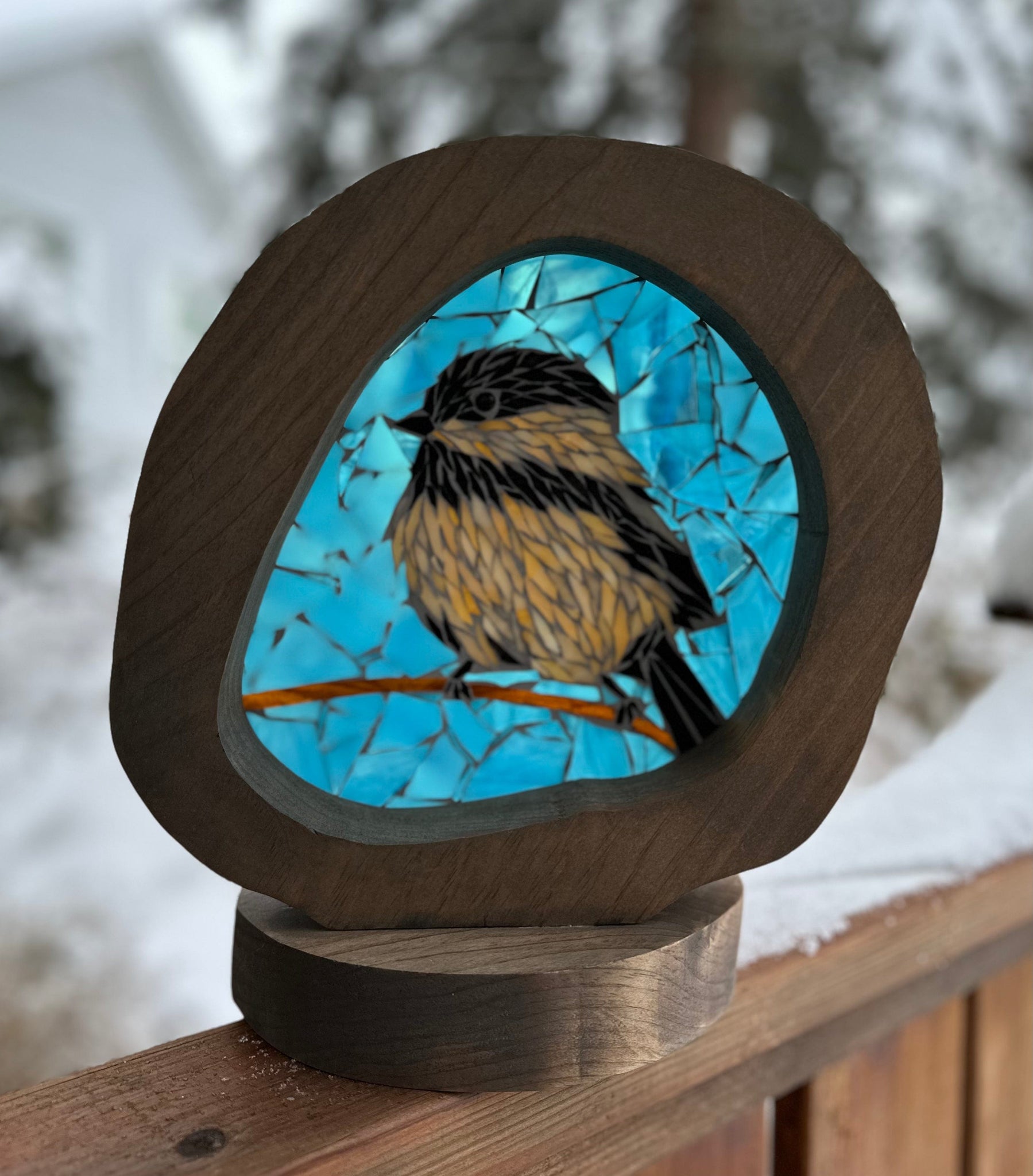 Cindy Laneville - Mosaic Artist cookies Free Standing Pine Frame Featuring a Chickadee