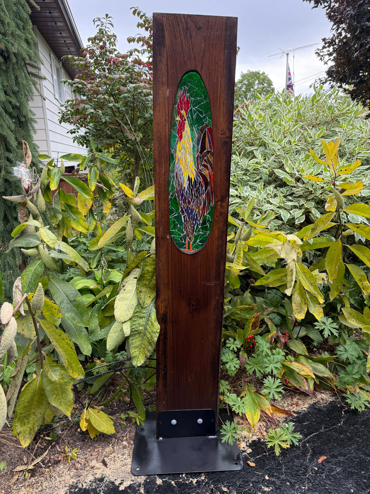 Cindy Laneville - Mosaic Artist Live Edge Rooster - Live Edge Garden Art