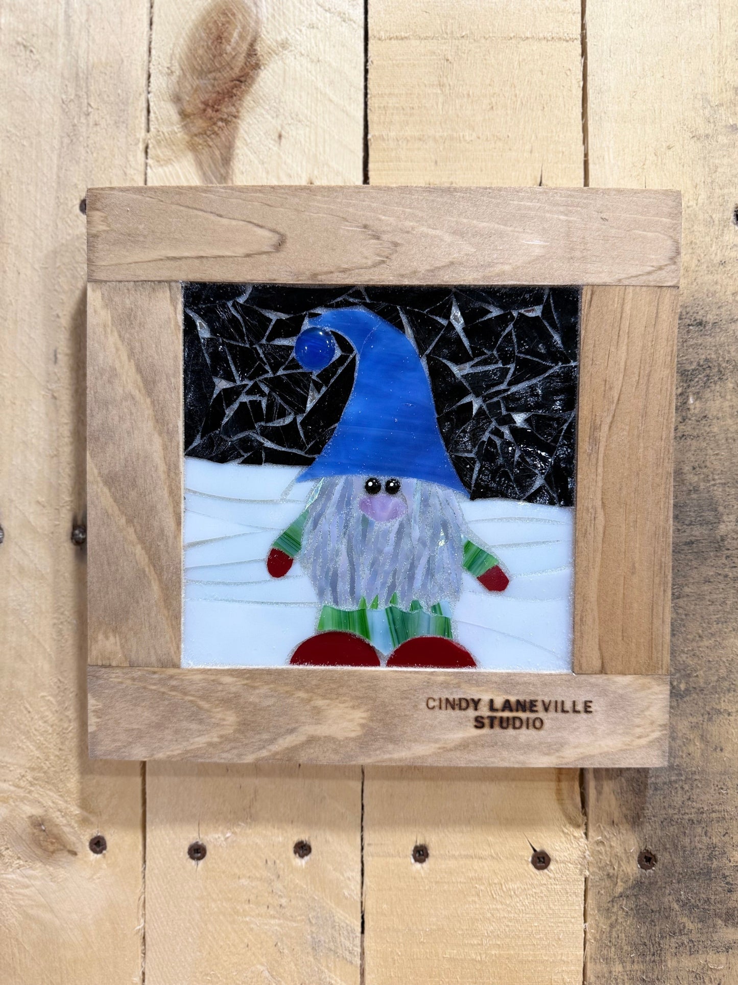 Cindy Laneville - Mosaic Artist wallart Blue Hat Gnome! - Mini - Original Glass Mosaic Artwork