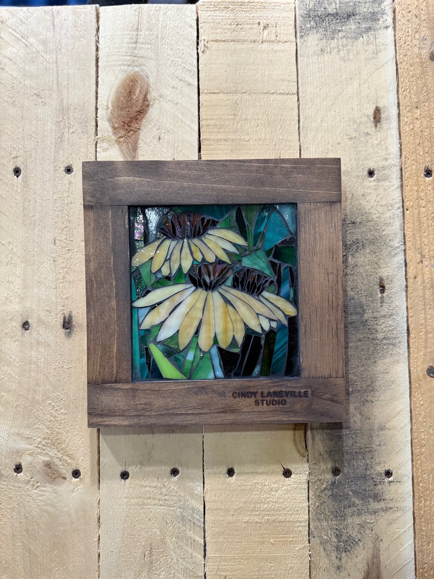 Cindy Laneville - Mosaic Artist wallart Yellow Flowers - Mini Original Glass Mosaic Artwork