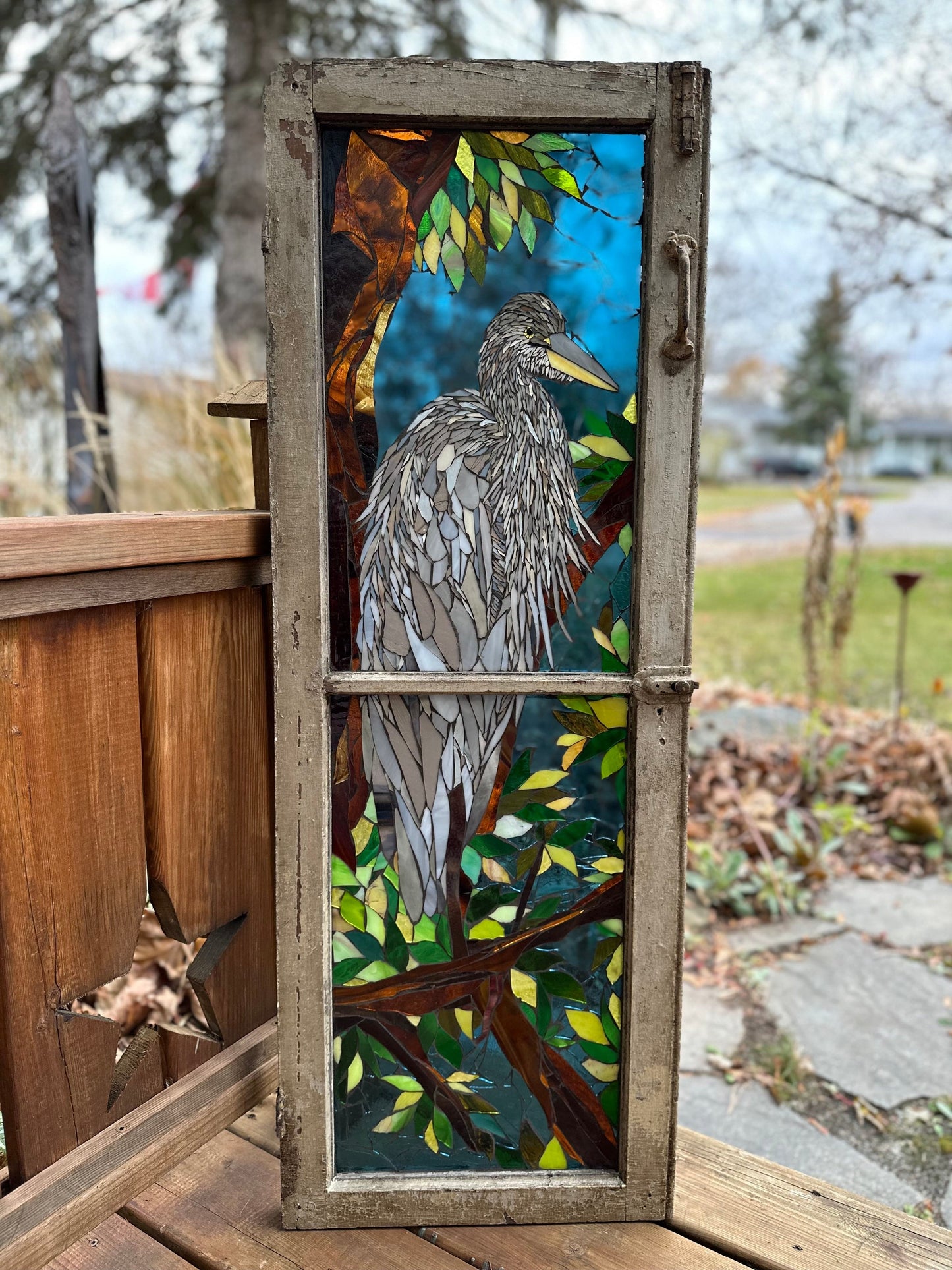 Great blue heron handmade stained glass mosaic wildlife art by Cindy Laneville Ontario Canada