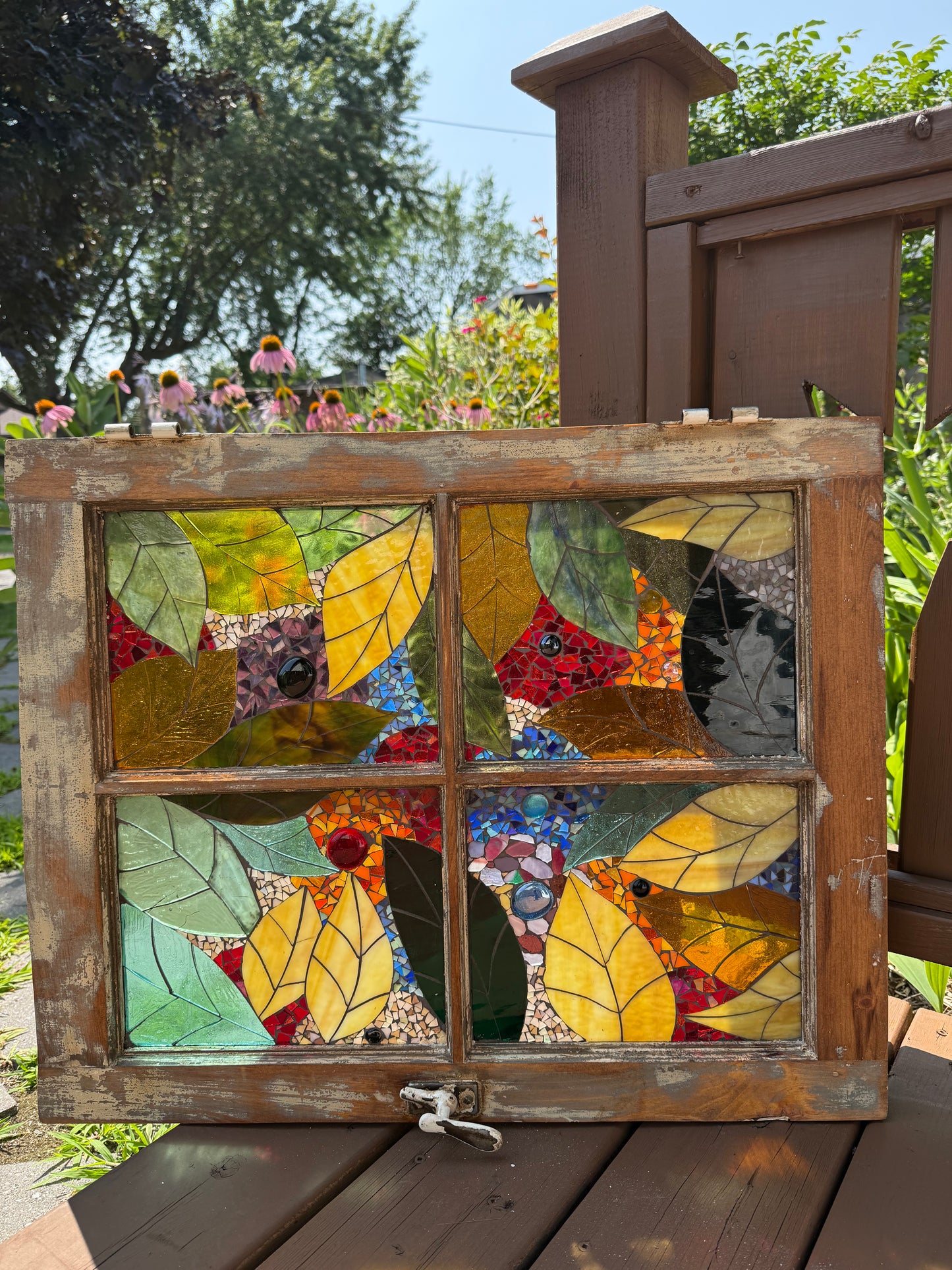 Cindy Laneville - Mosaic Artist windows Hidden Among the Leaves - Original Mosaic Artwork