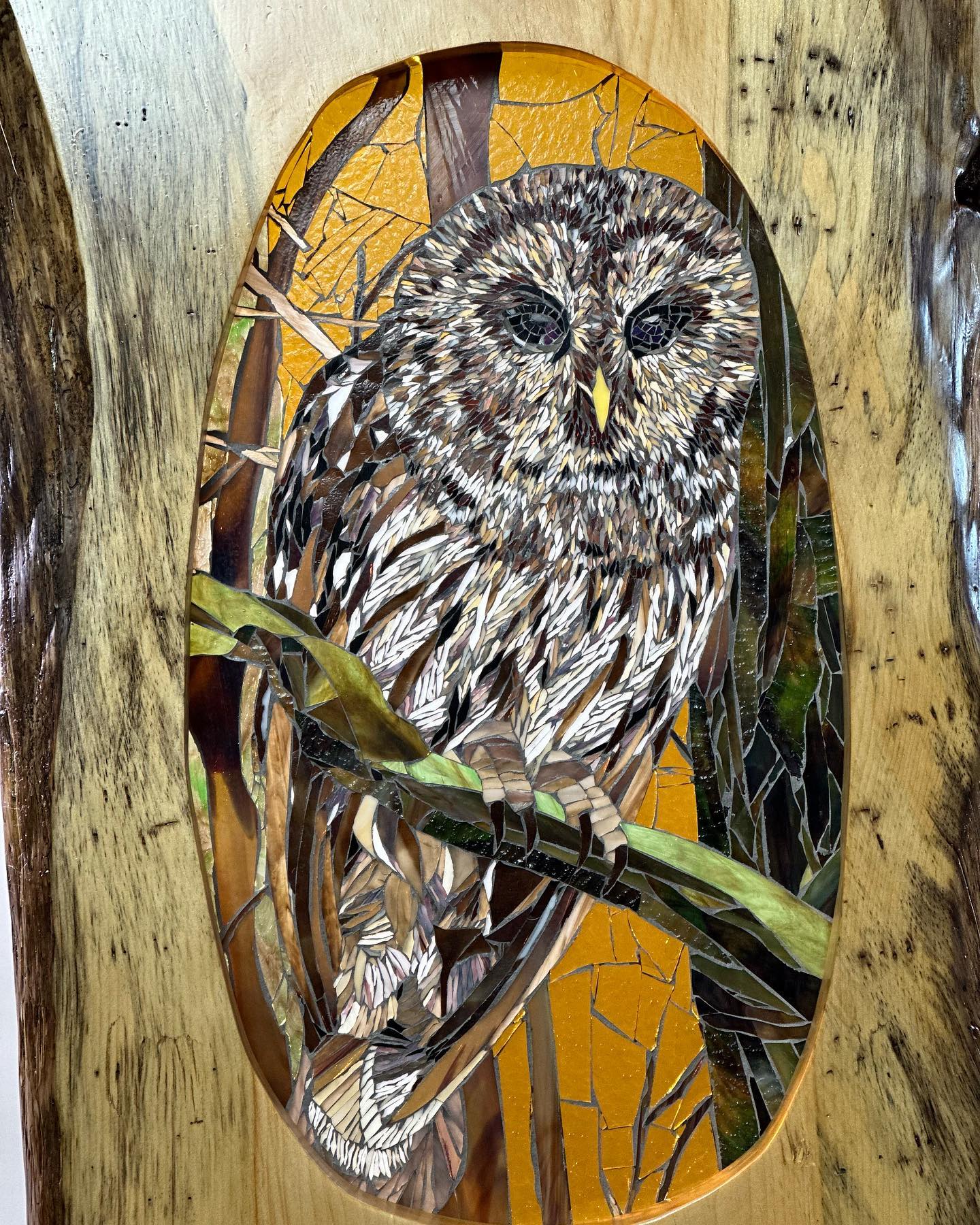two large pine live edge panels.  Once featuring a stained glass mosaic barred owl and the other displaying a tiger.   The mosaics are created on clear glass therefore they take on a different hue with light sources.