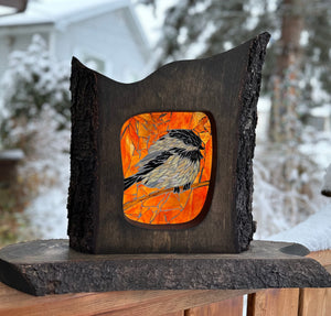 Cindy Laneville - Mosaic Artist cookies Chickadee framed in live edge pine