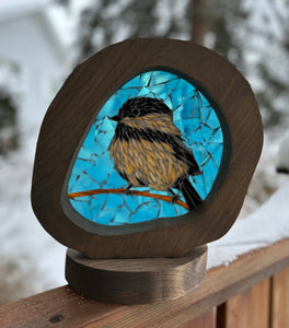 Cindy Laneville - Mosaic Artist cookies Free Standing Pine Frame Featuring a Chickadee