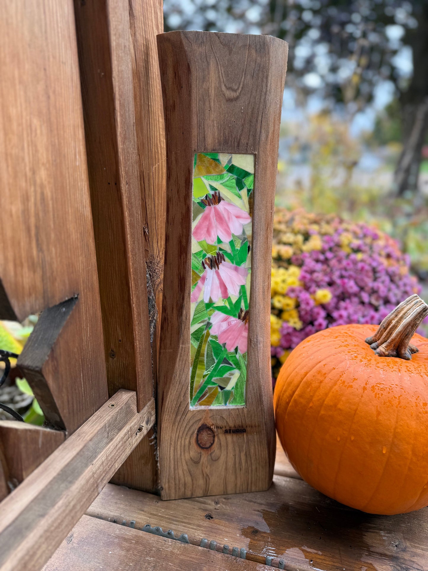 Cindy Laneville - Mosaic Artist Cookies Pink Coneflowers! /Live Edge Frame.  Original Glass Mosaic Artwork
Handmade stained glass mosaic art by artist Cindy Laneville