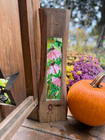 Cindy Laneville - Mosaic Artist Cookies Pink Coneflowers! /Live Edge Frame.  Original Glass Mosaic Artwork