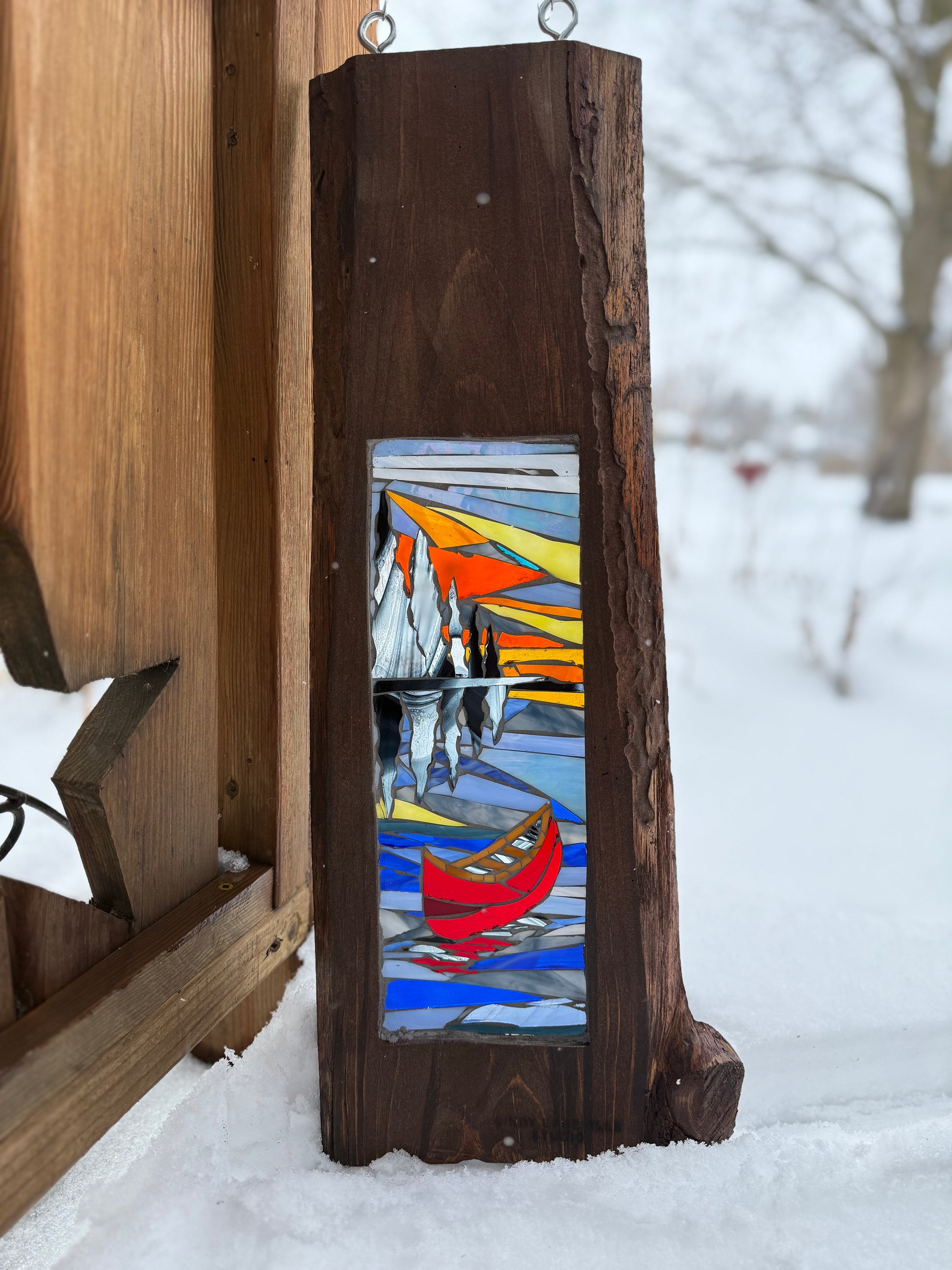 Cindy Laneville - Mosaic Artist cookies Red Canoe Reflections - Live Edge Frame.  Original Glass Artwork
