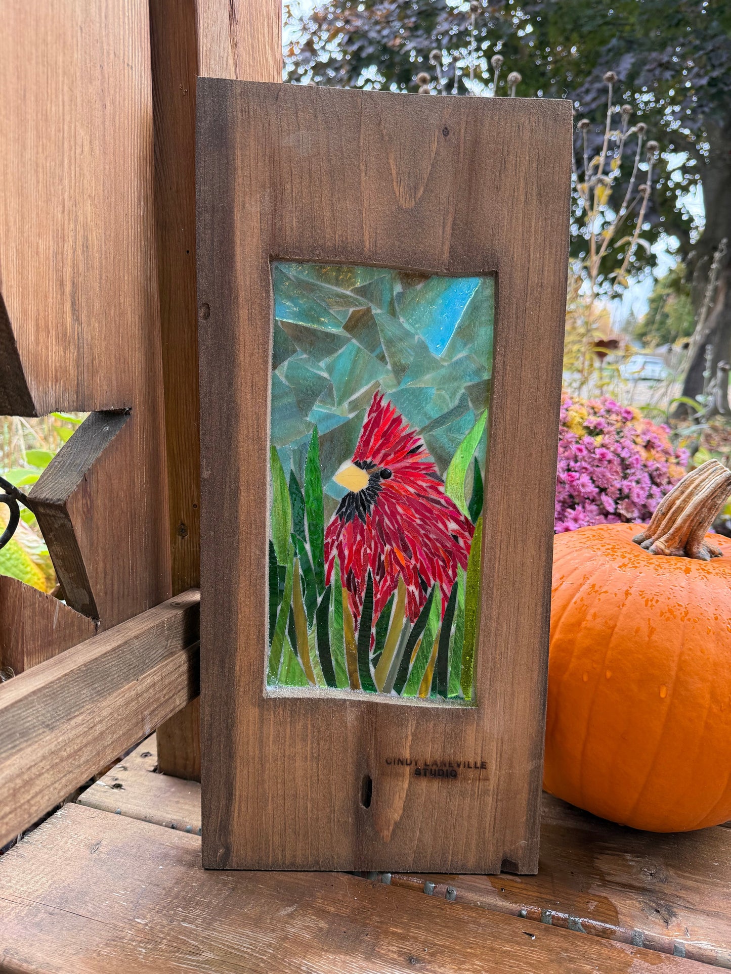 Cindy Laneville - Mosaic Artist cookies Red Cardinal/Live Edge Frame.  Original Glass Mosaic Artwork
Handmade stained glass mosaic art by artist Cindy Laneville