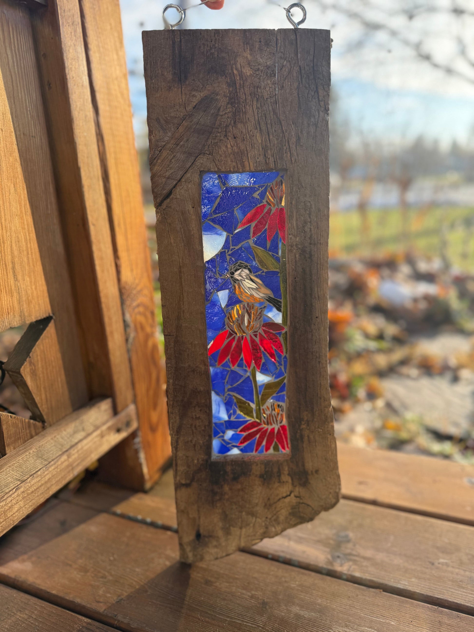 Cindy Laneville - Mosaic Artist cookies Red Coneflowers & Chickadee- Original Glass Mosaic Artwork