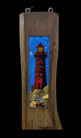 Cindy Laneville - Mosaic Artist cookies Red Lighthouse/Live Edge Frame - Original Glass Mosaic Artwork