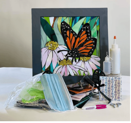 Cindy Laneville - Mosaic Artist kits DIY Monarch Butterfly - WITHOUT Tools plus "LIVE" One on One Teaching Sessions and 4 oz bottle of Glue! DIY Monarch Butterfly - With Tools plus "LIVE" One on One Teaching Sessions and 4 oz bottle of Glue!