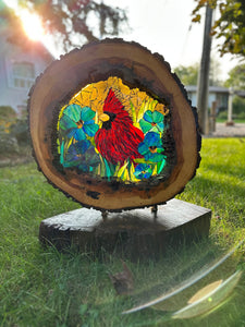 Cindy Laneville - Mosaic Artist Live Edge Cardinal nestled within the blooms!
