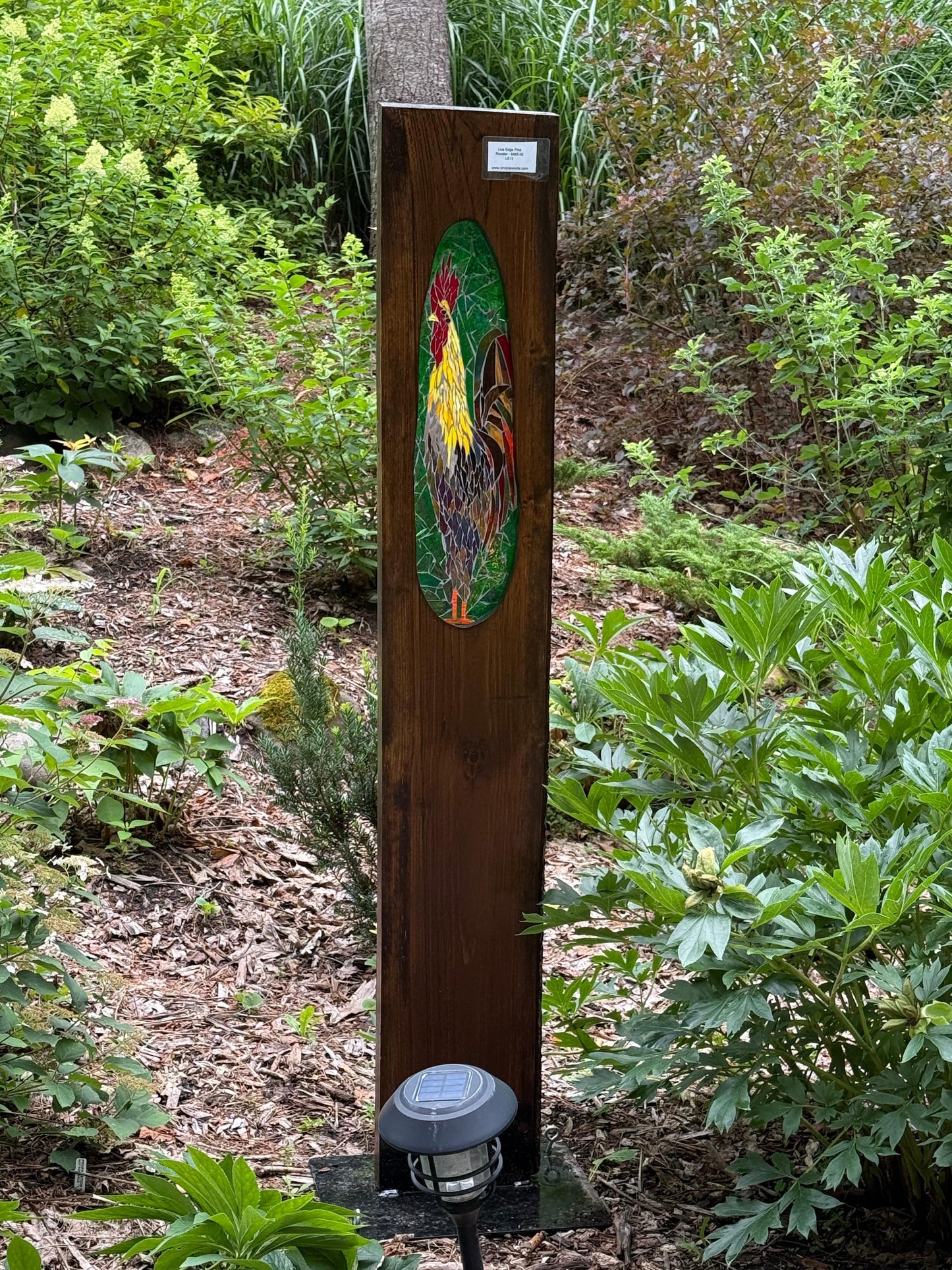 Cindy Laneville - Mosaic Artist Live Edge Live Edge Pine - Rooster
Handmade stained glass mosaic art by artist Cindy Laneville