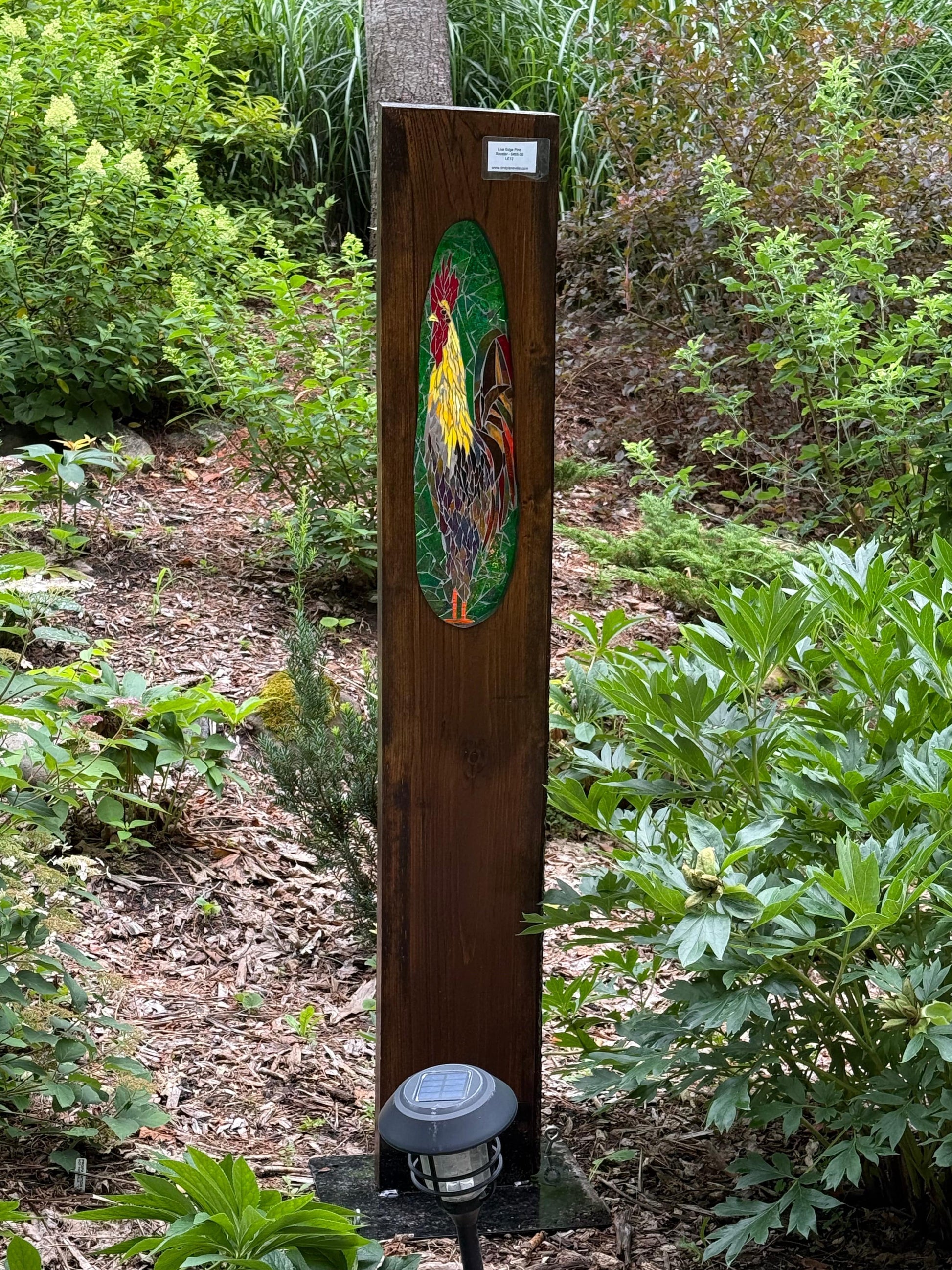 Cindy Laneville - Mosaic Artist Live Edge Live Edge Pine - Rooster
Handmade stained glass mosaic art by artist Cindy Laneville