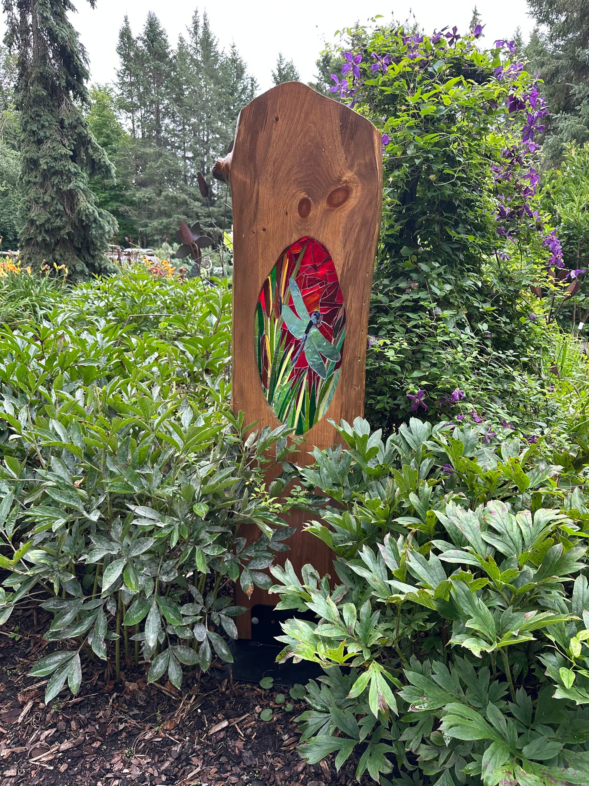 Cindy Laneville - Mosaic Artist Liveedge Crimson Flight - Live Edge Garden Art