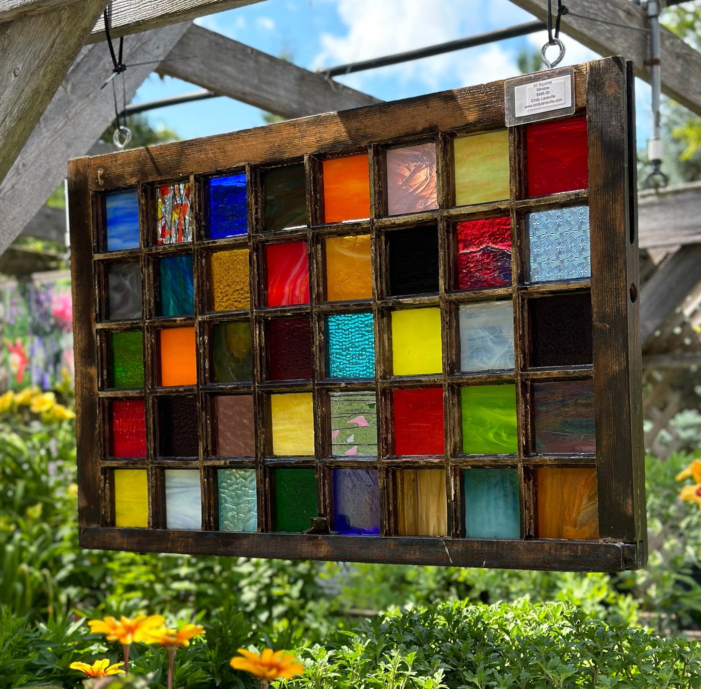 Large rainbow abstract stained glass mosaic wall art handmade by Cindy Laneville Canada
