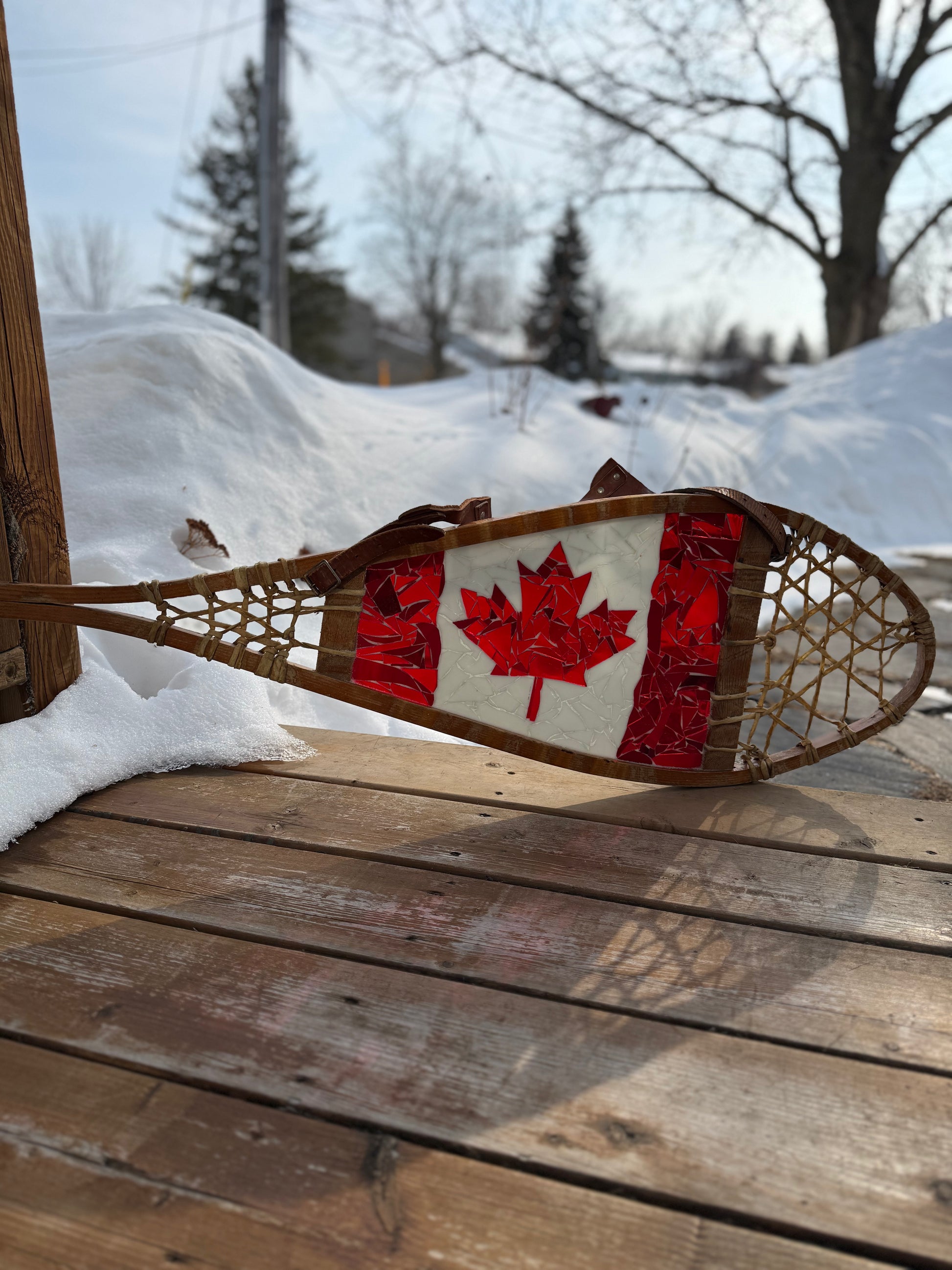 Cindy Laneville - Mosaic Artist snowshoes Canadian Flag Snowshoe Original Glass Mosaic Art