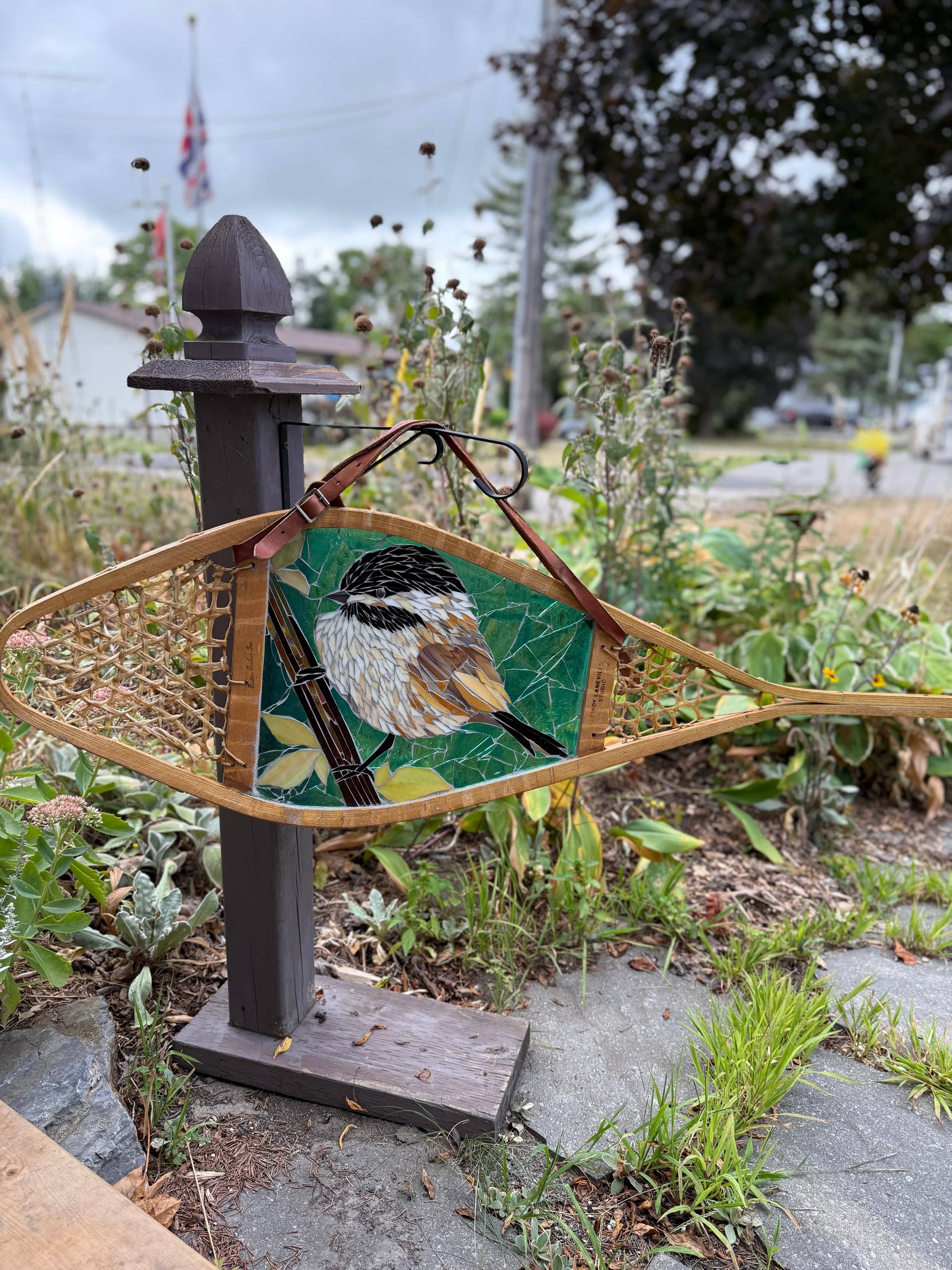 Cindy Laneville - Mosaic Artist Snowshoes Chickadee Snowshoe!   Original Glass Mosaic Artwork