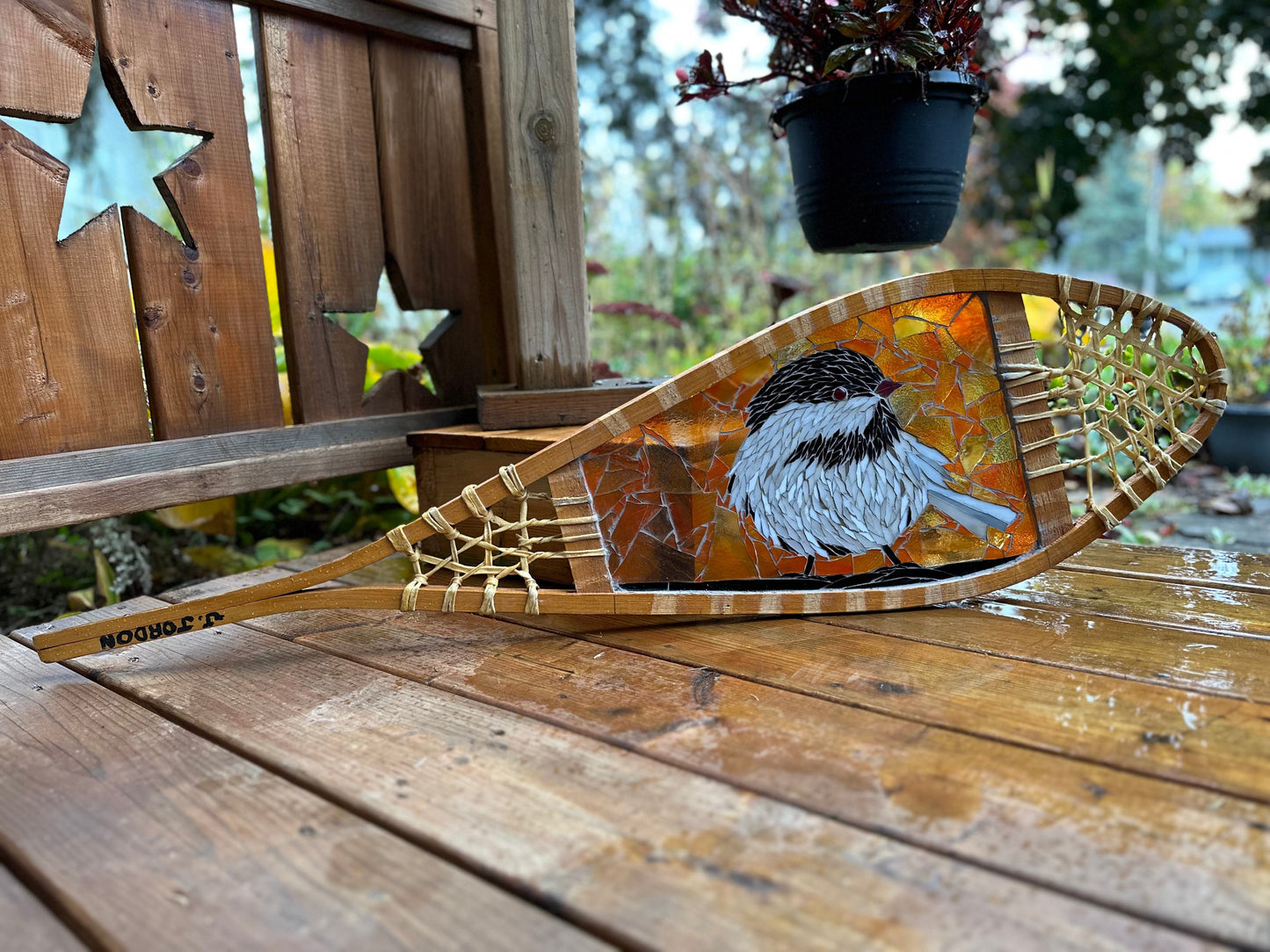 Cindy Laneville - Mosaic Artist snowshoes Fluffy Chickadee