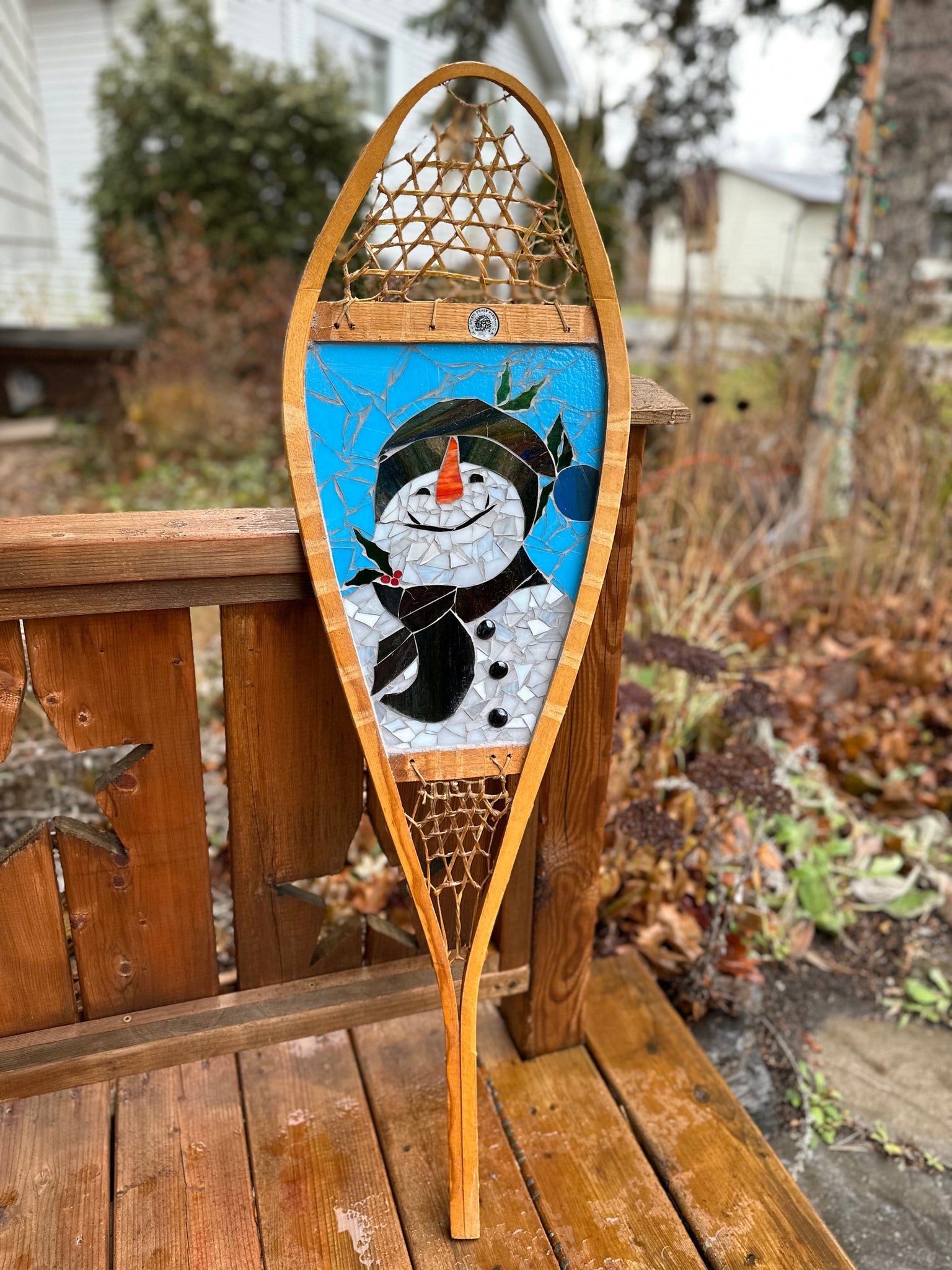 Cindy Laneville - Mosaic Artist snowshoes Happy Snowman