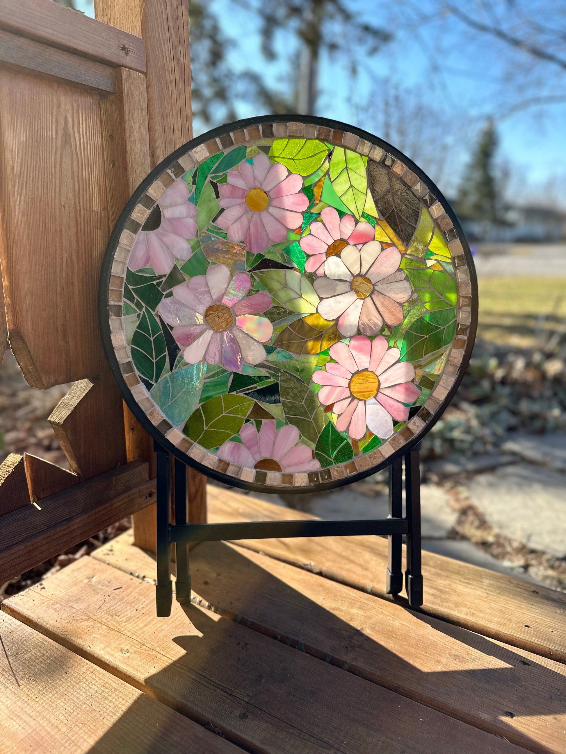 Cindy Laneville - Mosaic Artist Tables Pink Mosaic Blooms - Table