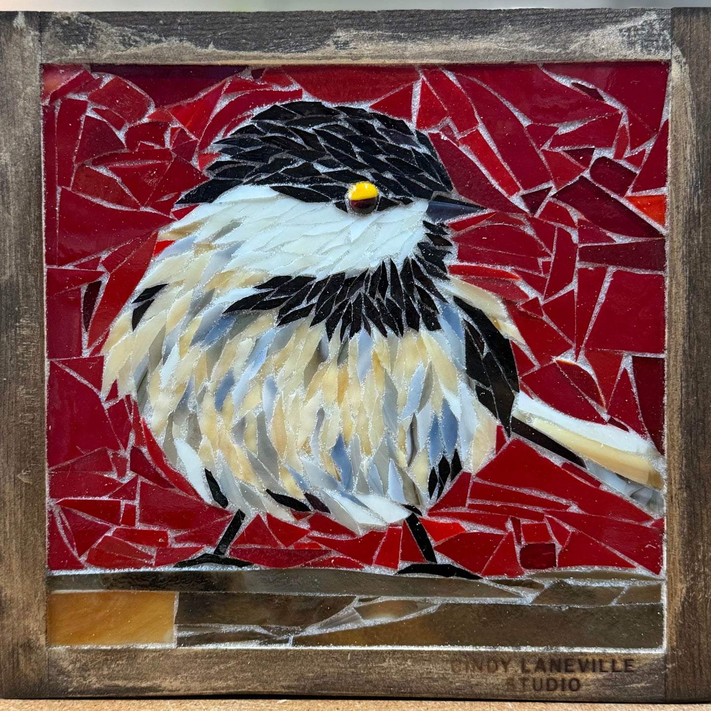 Cindy Laneville - Mosaic Artist wallart Cheeky Chickadee - Original Glass Mosaic Artwork