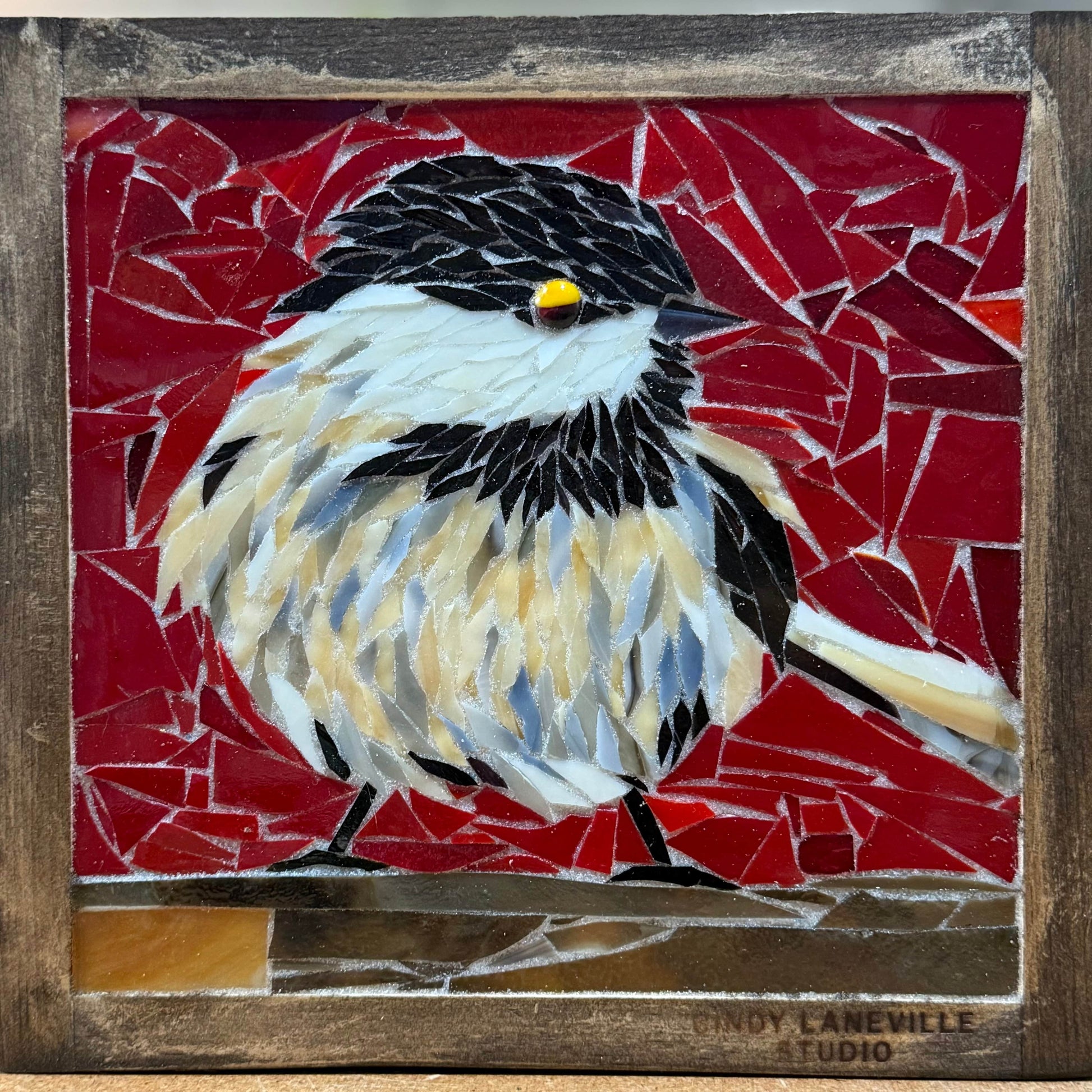 Cindy Laneville - Mosaic Artist wallart Cheeky Chickadee - Original Glass Mosaic Artwork