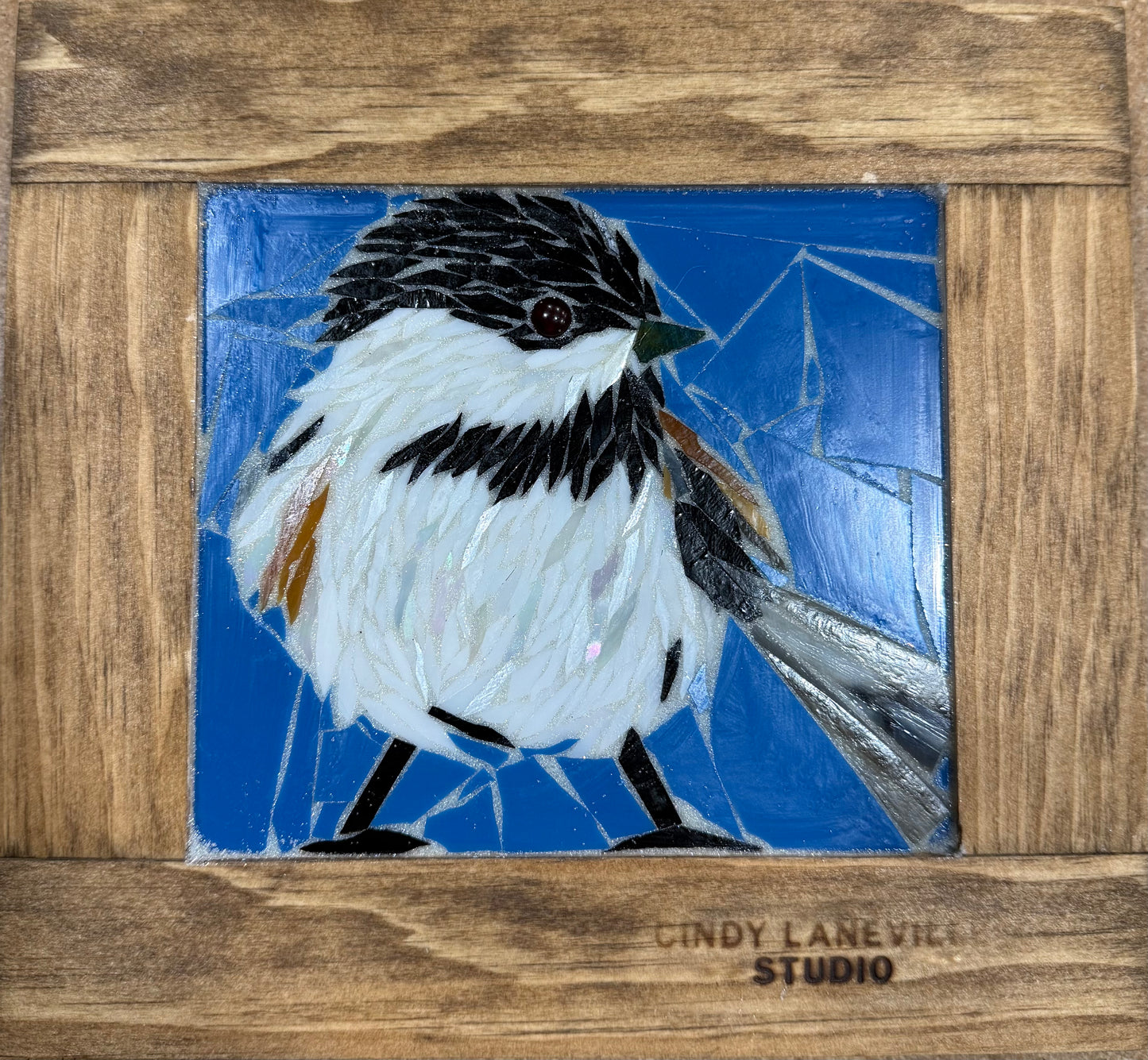 Cindy Laneville - Mosaic Artist wallart Chickadee - Blue - Mini - Original Glass Mosaic Artwork