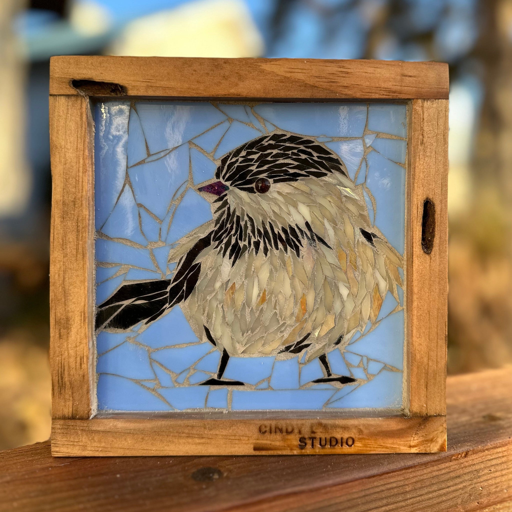 Cindy Laneville - Mosaic Artist wallart Chickadee in Light Blue - Mini