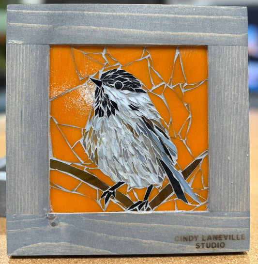Cindy Laneville - Mosaic Artist wallart Chickadee in Orange- Mini - Original Glass Mosaic Artwork