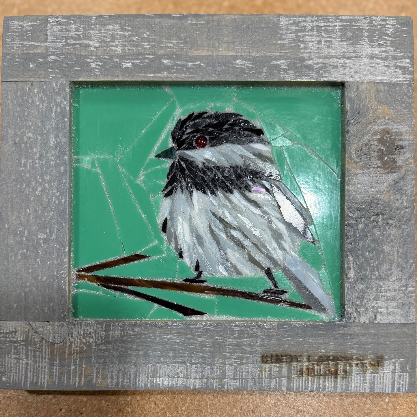 Cindy Laneville - Mosaic Artist wallart Chickadee in teal - Mini - Original Glass Mosaic Artwork