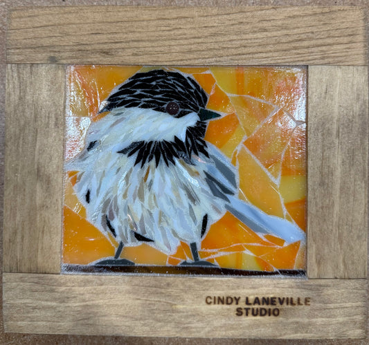 Cindy Laneville - Mosaic Artist wallart Chickadee - Orange - Mini - Original Glass Mosaic Artwork
