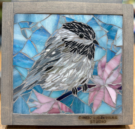 Cindy Laneville - Mosaic Artist wallart Chickadee, pink flowers- Original Glass Mosaic Artwork