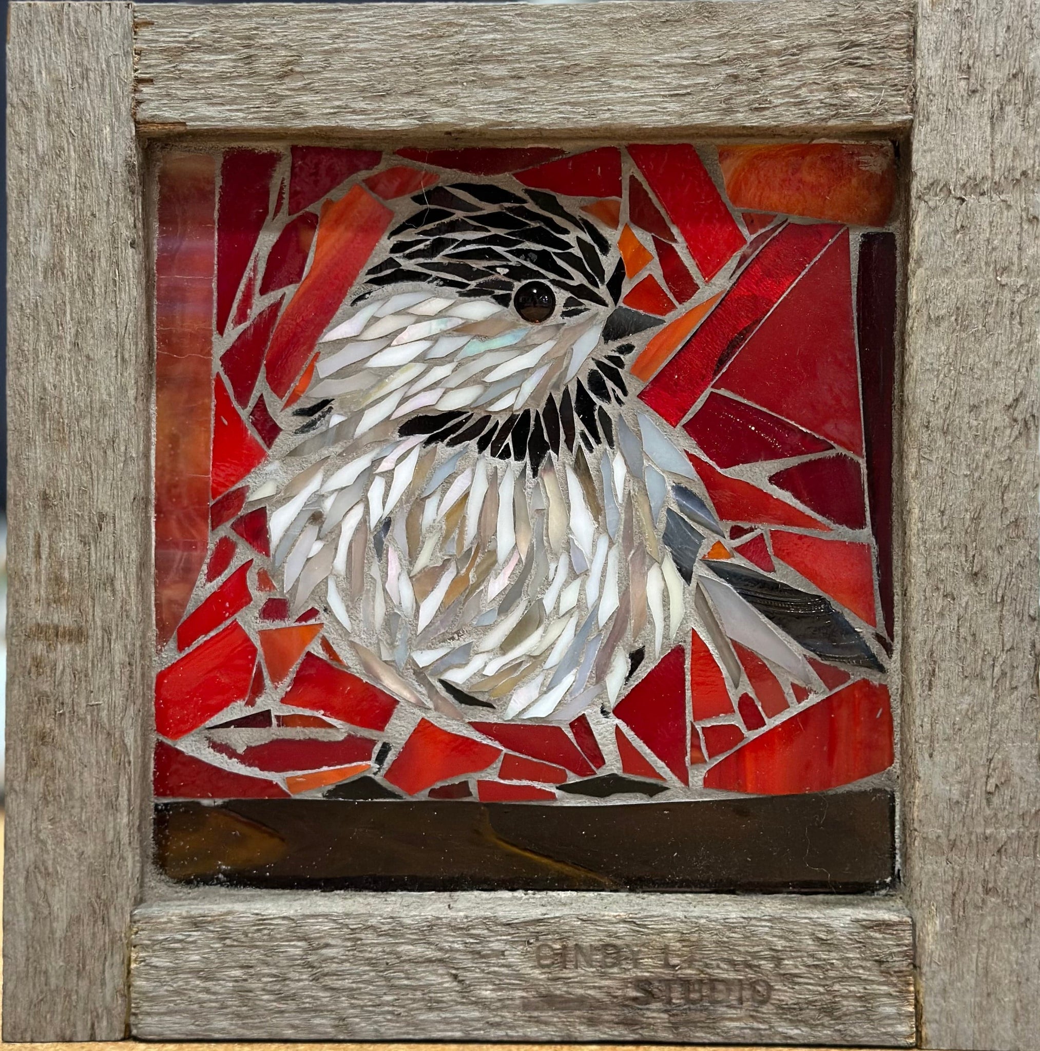 Cindy Laneville - Mosaic Artist wallart Chickadee - Reds - Mini