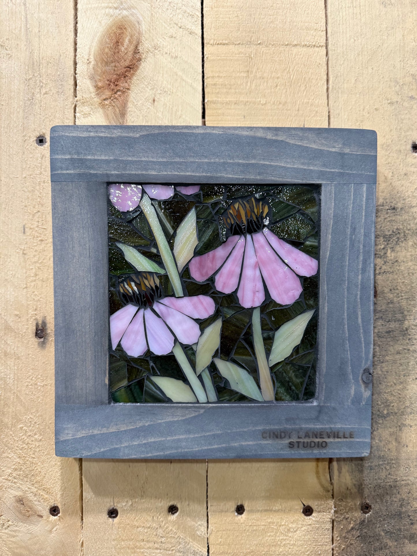 Cindy Laneville - Mosaic Artist wallart Pink Coneflowers- Mini. Original Glass Mosaic Artwork