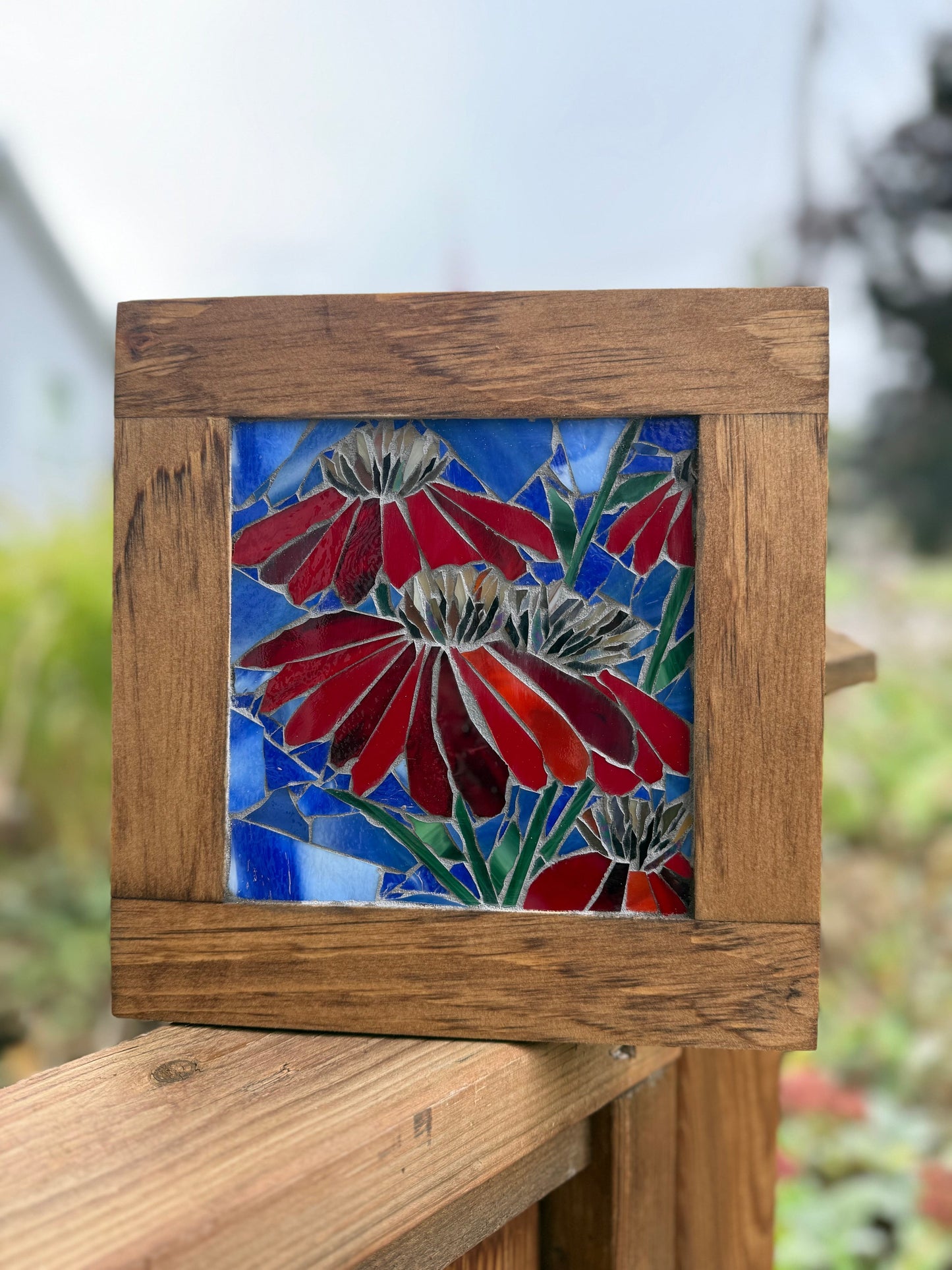 Cindy Laneville - Mosaic Artist wallart Red Flowers - Mini.    Original Glass Mosaic Artwork