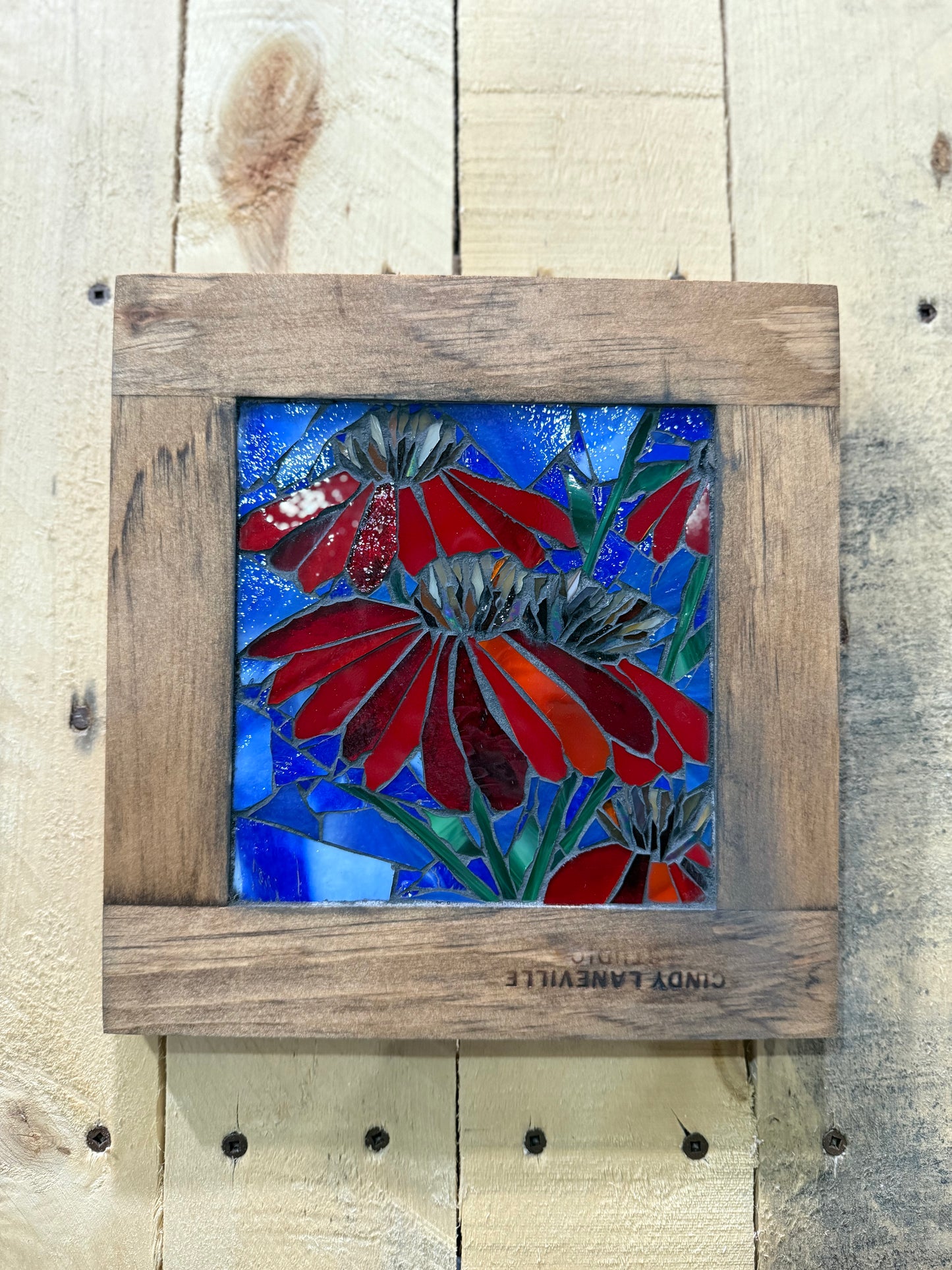Cindy Laneville - Mosaic Artist wallart Red Flowers - Mini.    Original Glass Mosaic Artwork