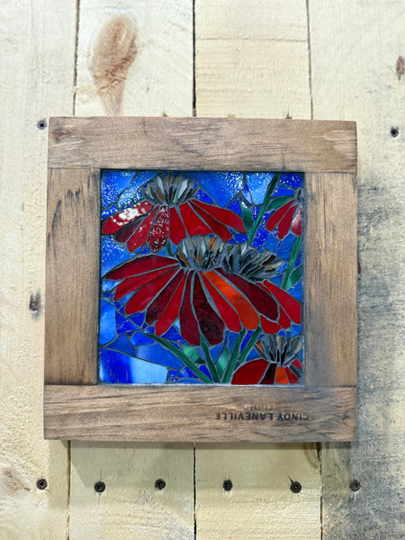 Cindy Laneville - Mosaic Artist wallart Red Flowers - Mini.    Original Glass Mosaic Artwork