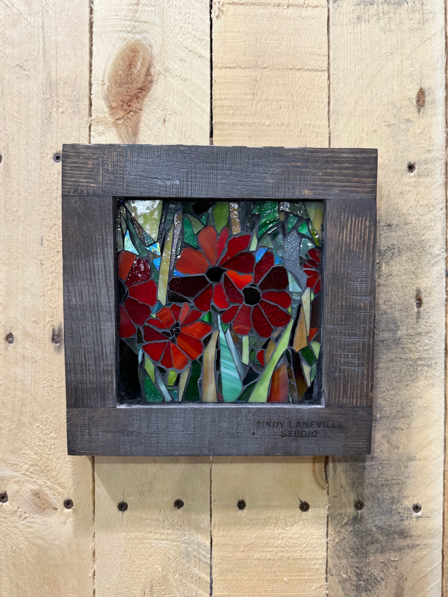 Cindy Laneville - Mosaic Artist wallart Rustic Poppies - Mini - Original Glass Mosaic Artwork