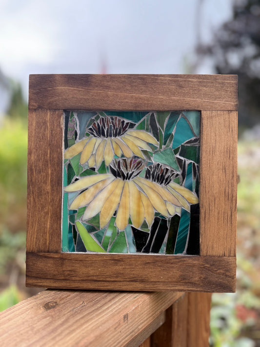 Cindy Laneville - Mosaic Artist wallart Yellow Flowers - Mini Original Glass Mosaic Artwork