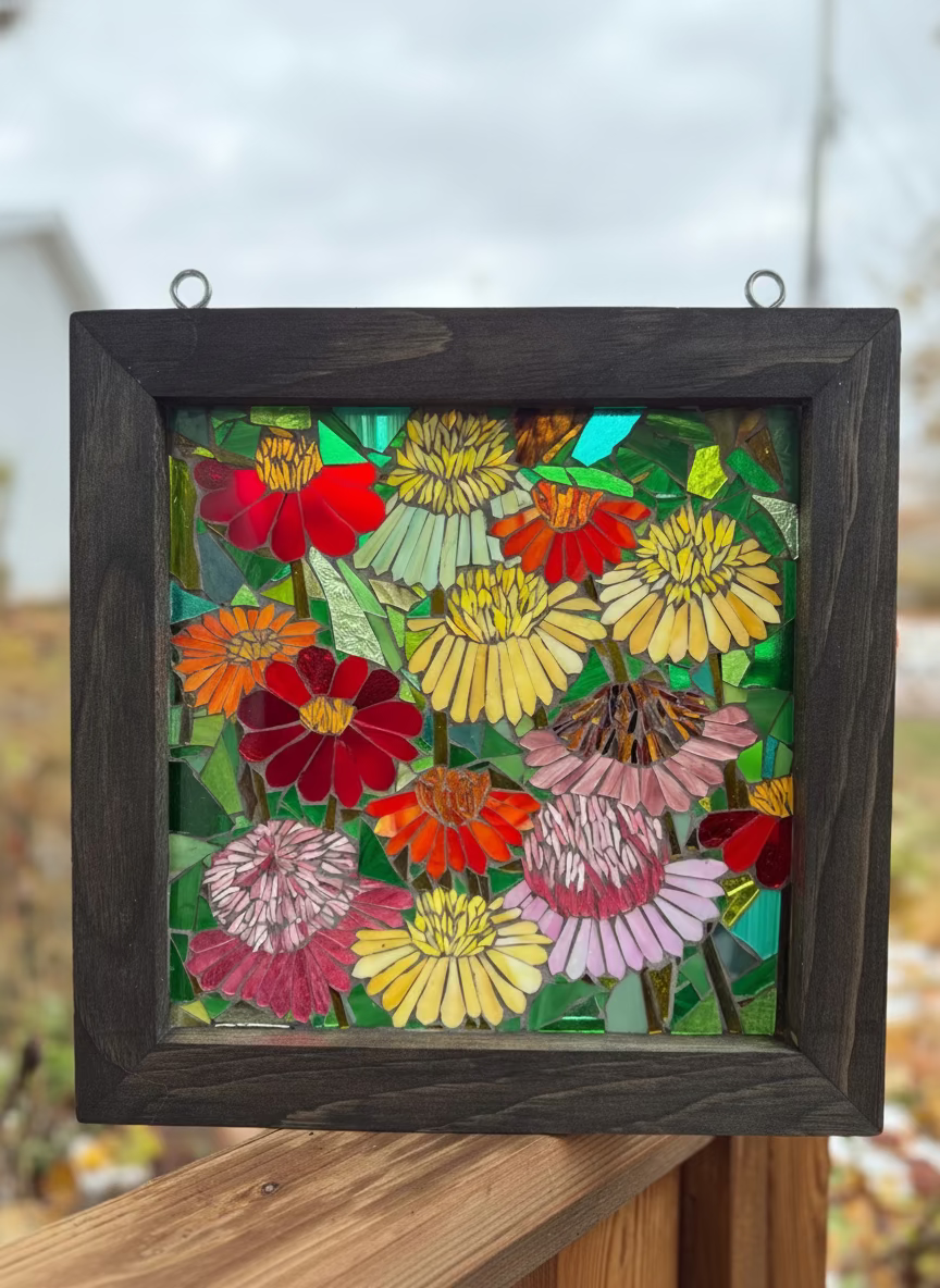 Cindy Laneville - Mosaic Artist Window Burst of Blossoms - Original Glass Mosaic Artwork
Handmade stained glass mosaic art by artist Cindy Laneville
