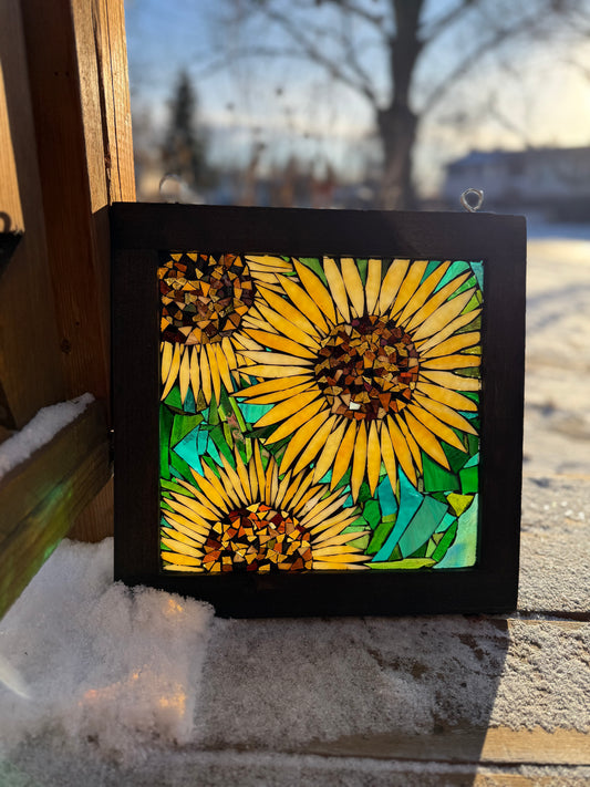 Cindy Laneville - Mosaic Artist Window Ebony Sunflower - Original Glass Mosaic Artwork
Handmade stained glass mosaic art by artist Cindy Laneville