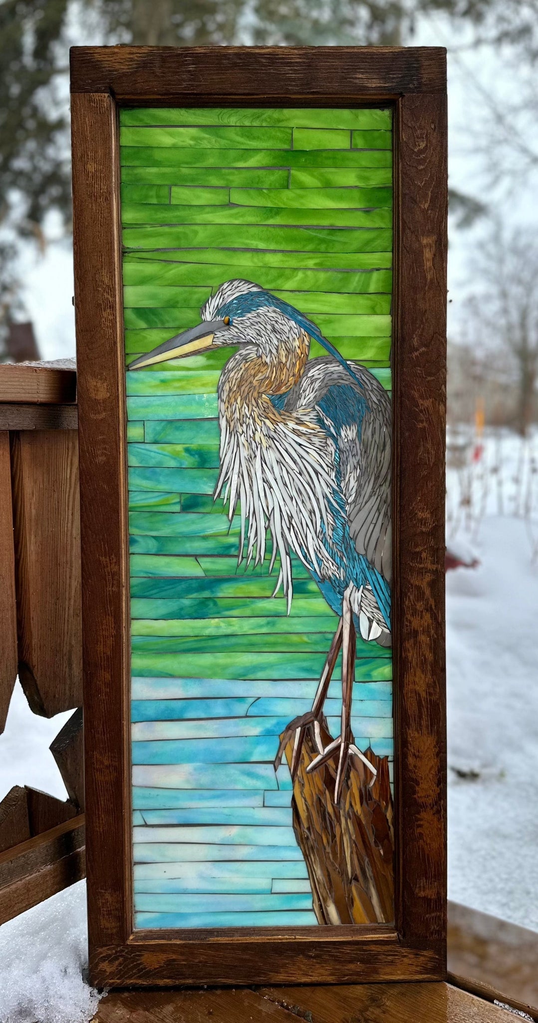 Cindy Laneville - Mosaic Artist window Hank the Heron