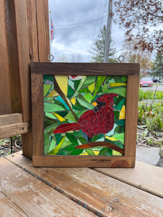 Cindy Laneville - Mosaic Artist Window Hidden Cardinal - Original Glass Mosaic Artwork