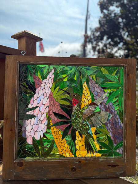 Cindy Laneville - Mosaic Artist Window Hummingbird and Lupins - Window