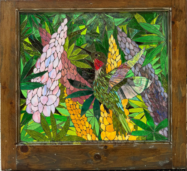 Cindy Laneville - Mosaic Artist Window Hummingbird and Lupins - Window