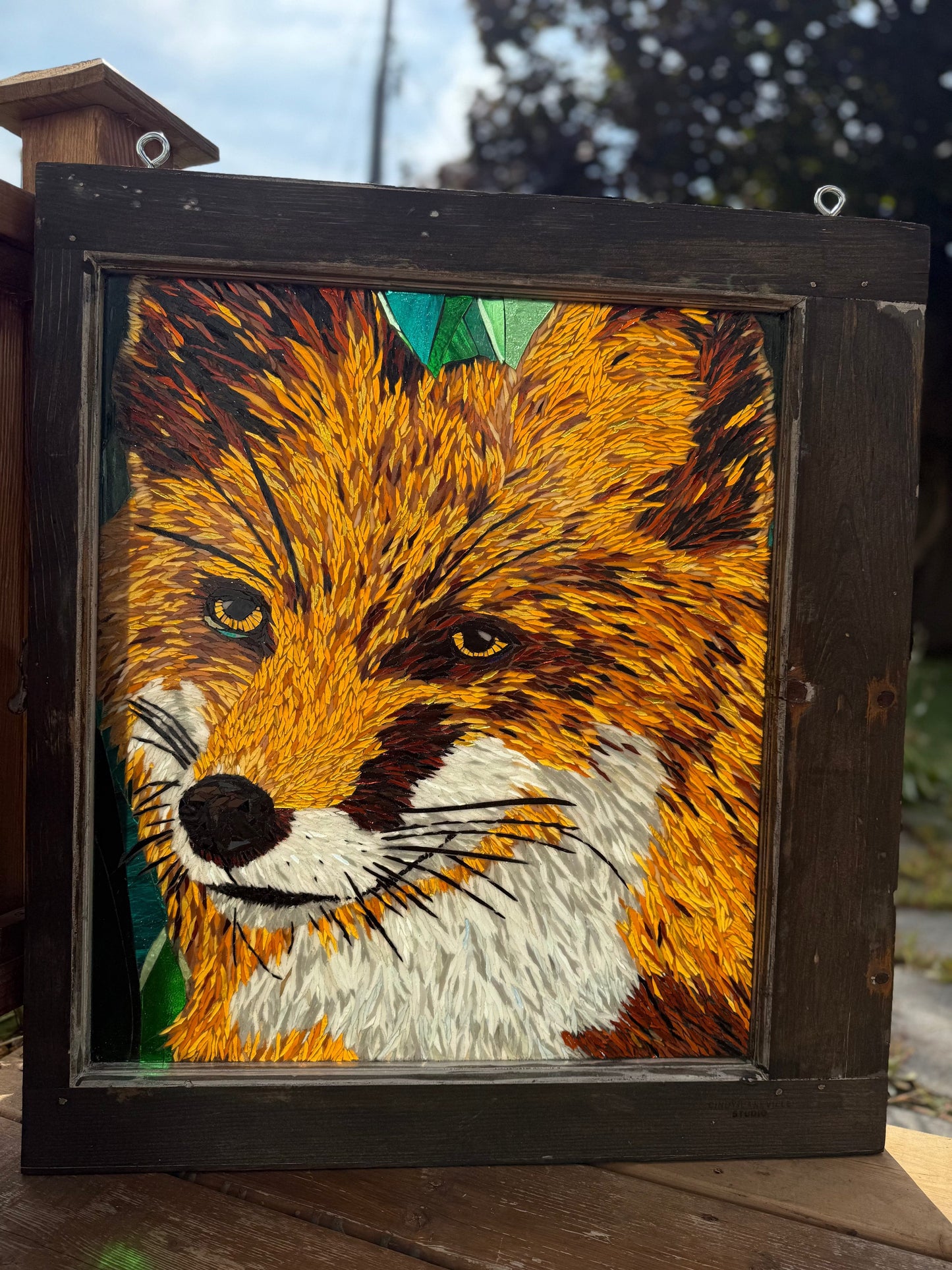 Large handmade red fox stained glass mosaic window art by Cindy Laneville Ontario Canada
