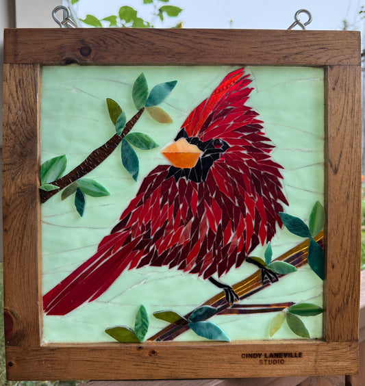 Cindy Laneville - Mosaic Artist window Perched in Red -Original Glass Mosaic Artwork