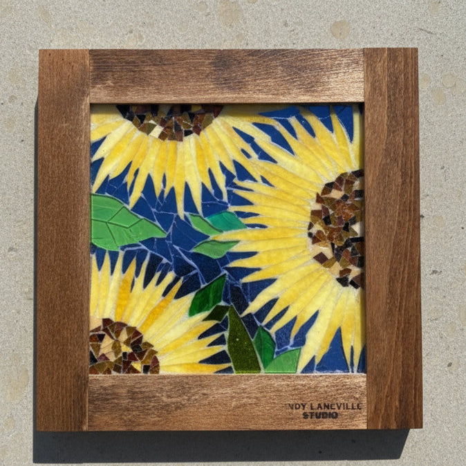 Cindy Laneville - Mosaic Artist Window Sunflowers Blues Original Glass Mosaic Artwork
Handmade stained glass mosaic art by artist Cindy Laneville